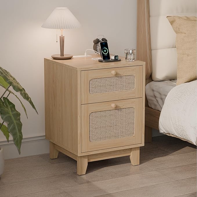 Modern Rattan Nightstand Set of 2, Wicker Rattan Stand with Drawer and Charge Station