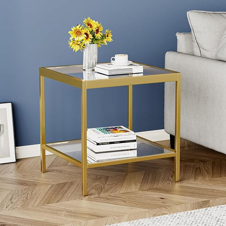 2 Tier Square End Table Side Table with Tempered Glass Top and Gold Metal Frame Modern