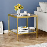 2 Tier Square End Table Side Table with Tempered Glass Top and Silver Stainless Steel