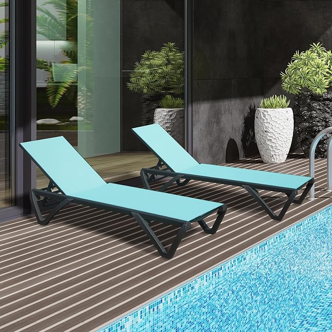 Domi Pool Lounge Chairs Set of 2, Adjustable Aluminum Plastic Outdoor Chaise Lounge