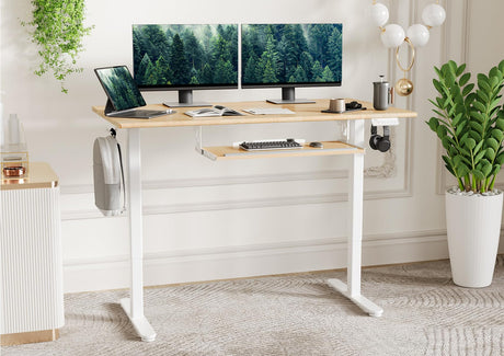 Electric Standing Desk, Solid Wood Adjustable Desk with Keyboard Tray,