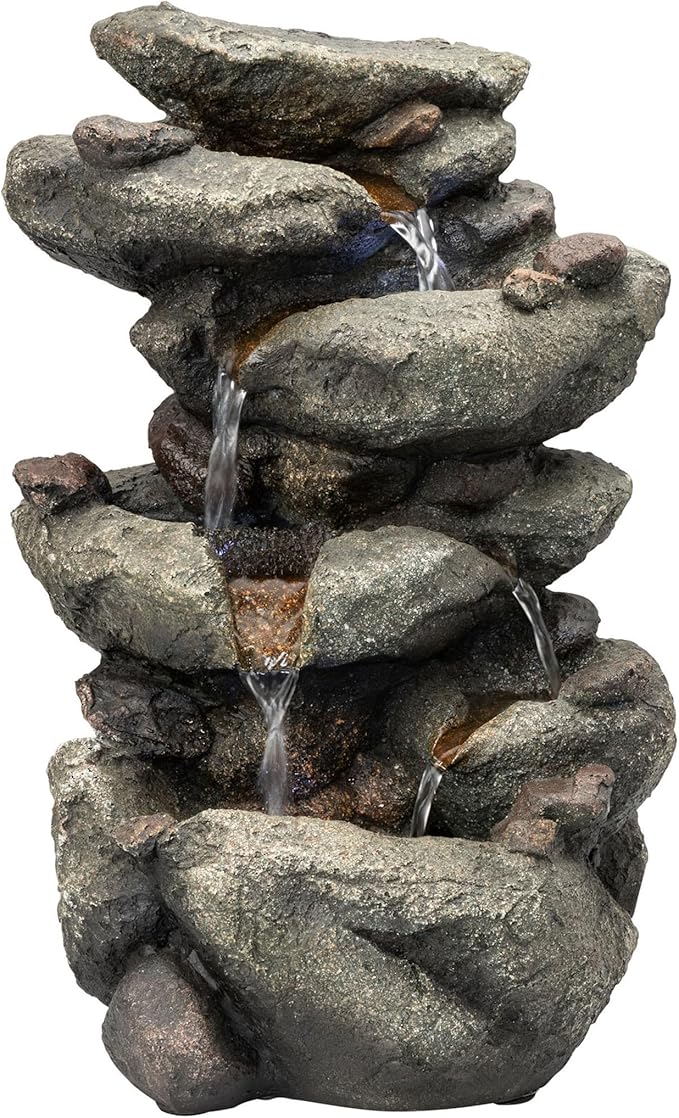 13" Tall Indoor 4-Tier Cascading Tabletop Fountain with LED Lights, Gray