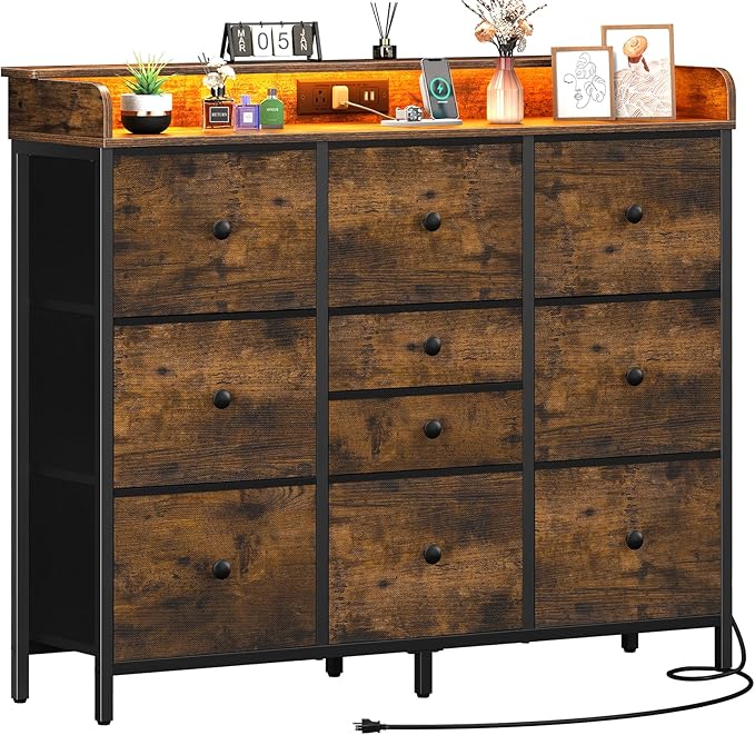 Dresser for Bedroom with Charging Station and LED Lights
