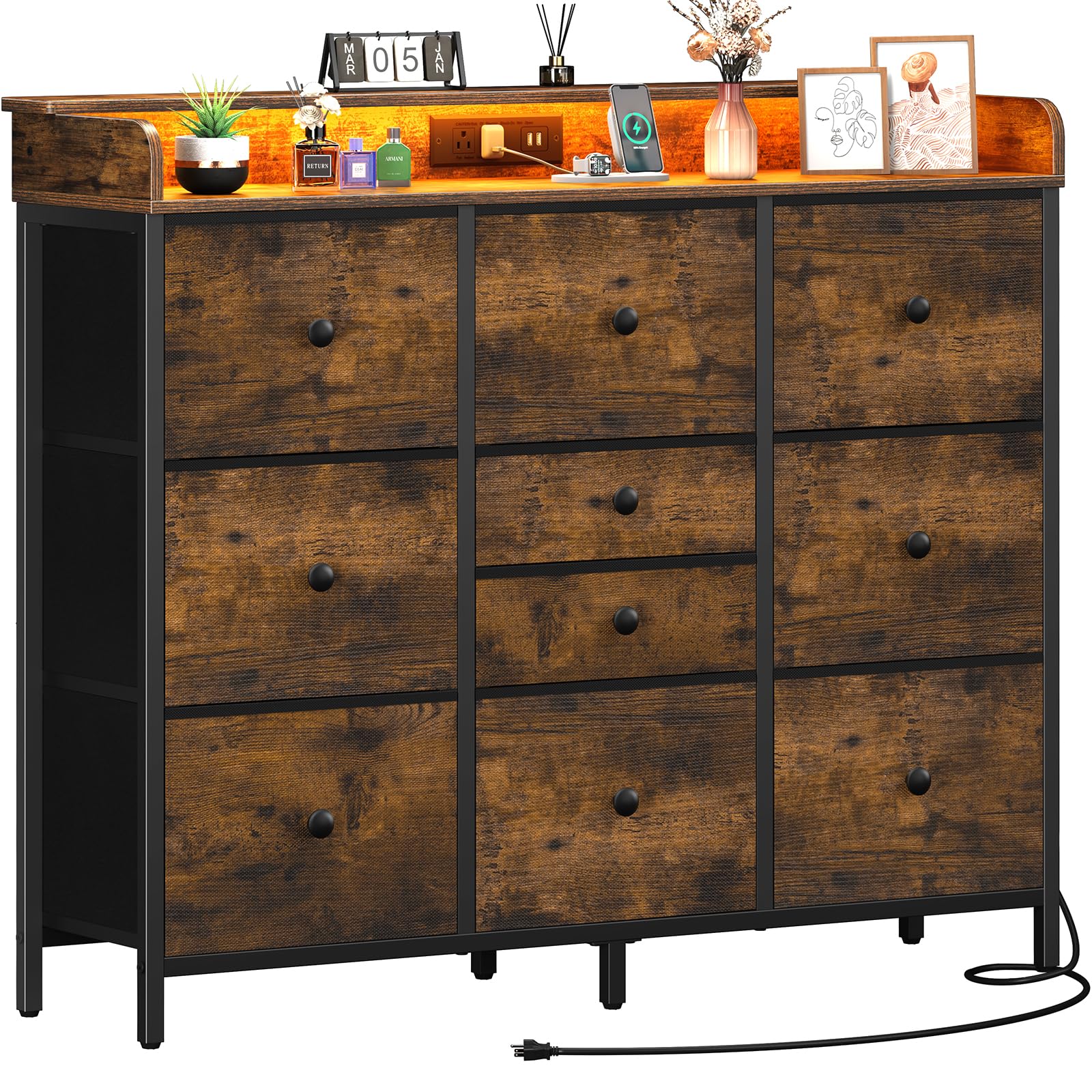 Dresser for Bedroom with Charging Station and LED Lights