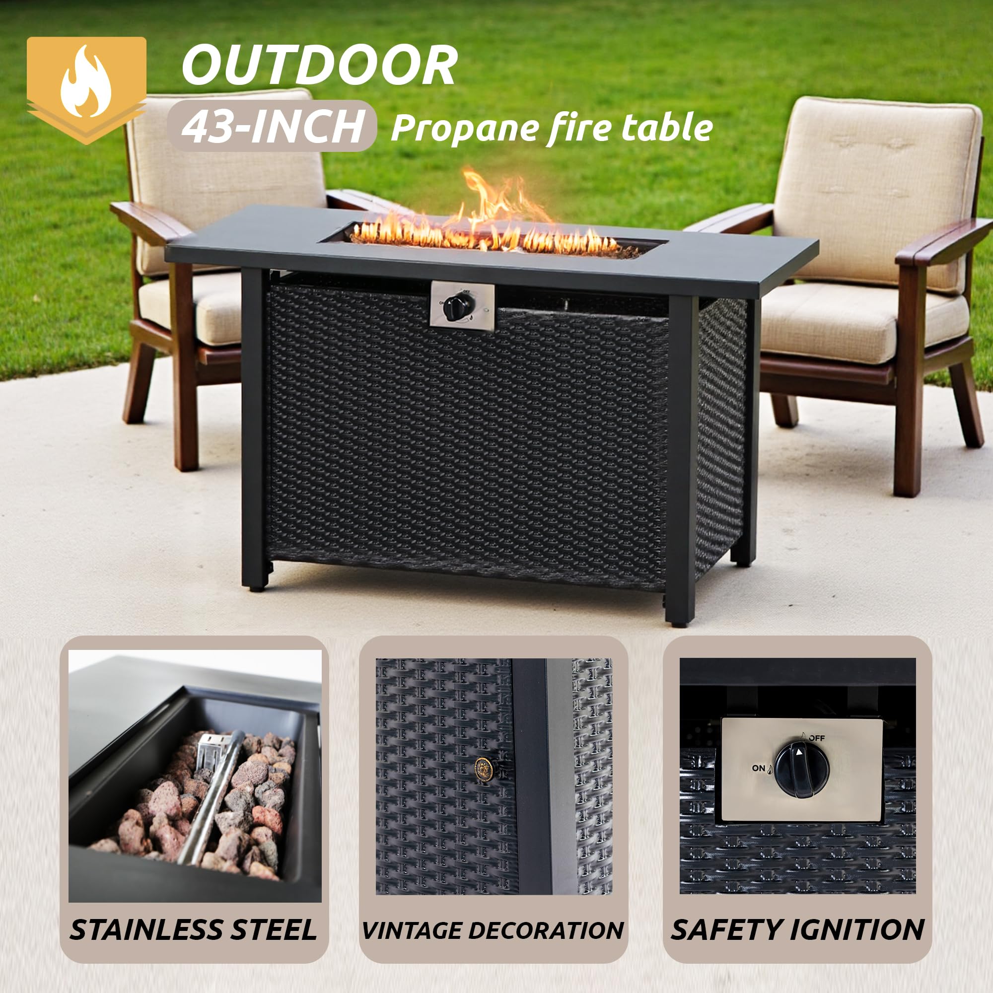 NIGOME Propane Fire Pit Table,Out Door Fire Pits & Fireplaces,Gas Fire Pit with Lid and Lava Rock.Square Black Fire Pit Table on Patio Deck & Garden Backyard. (Raven‌ Black, 43-inch)