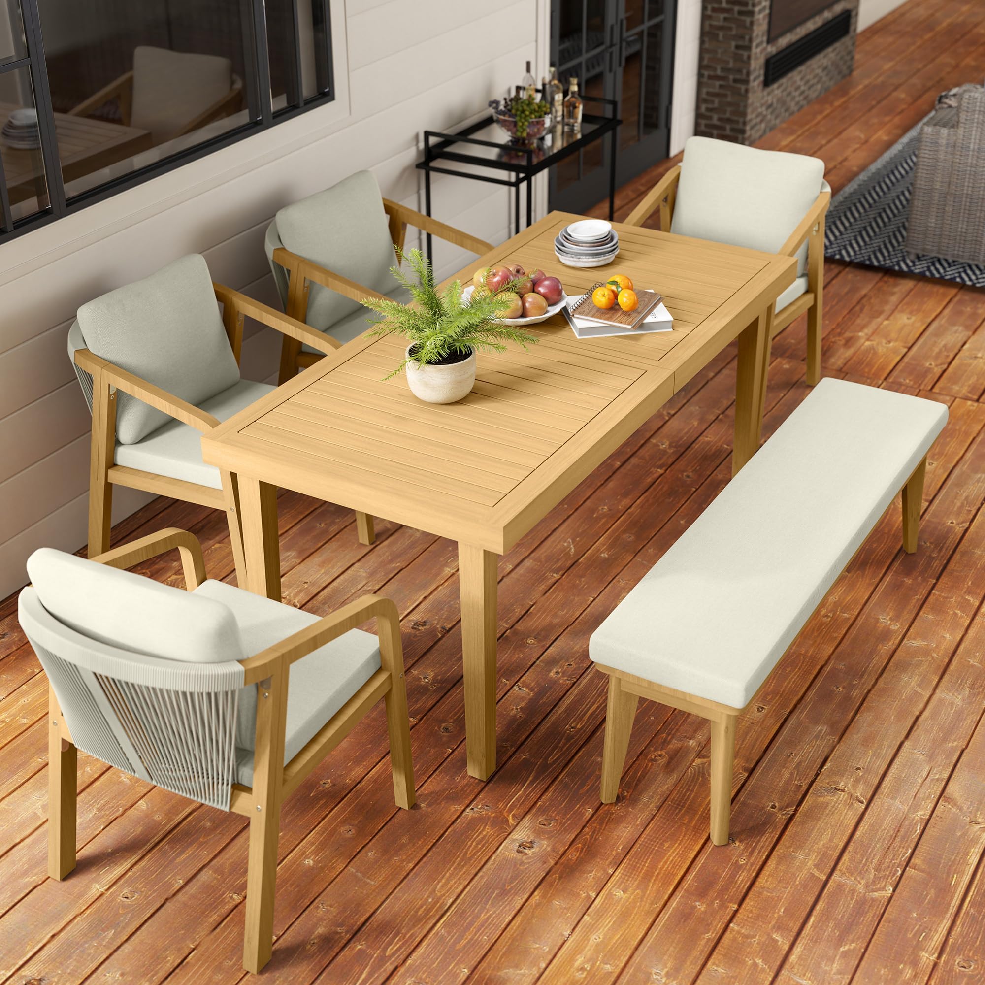 6-Piece Patio Dining Set, Acacia Wood Dining Table, Bench, and Chairs
