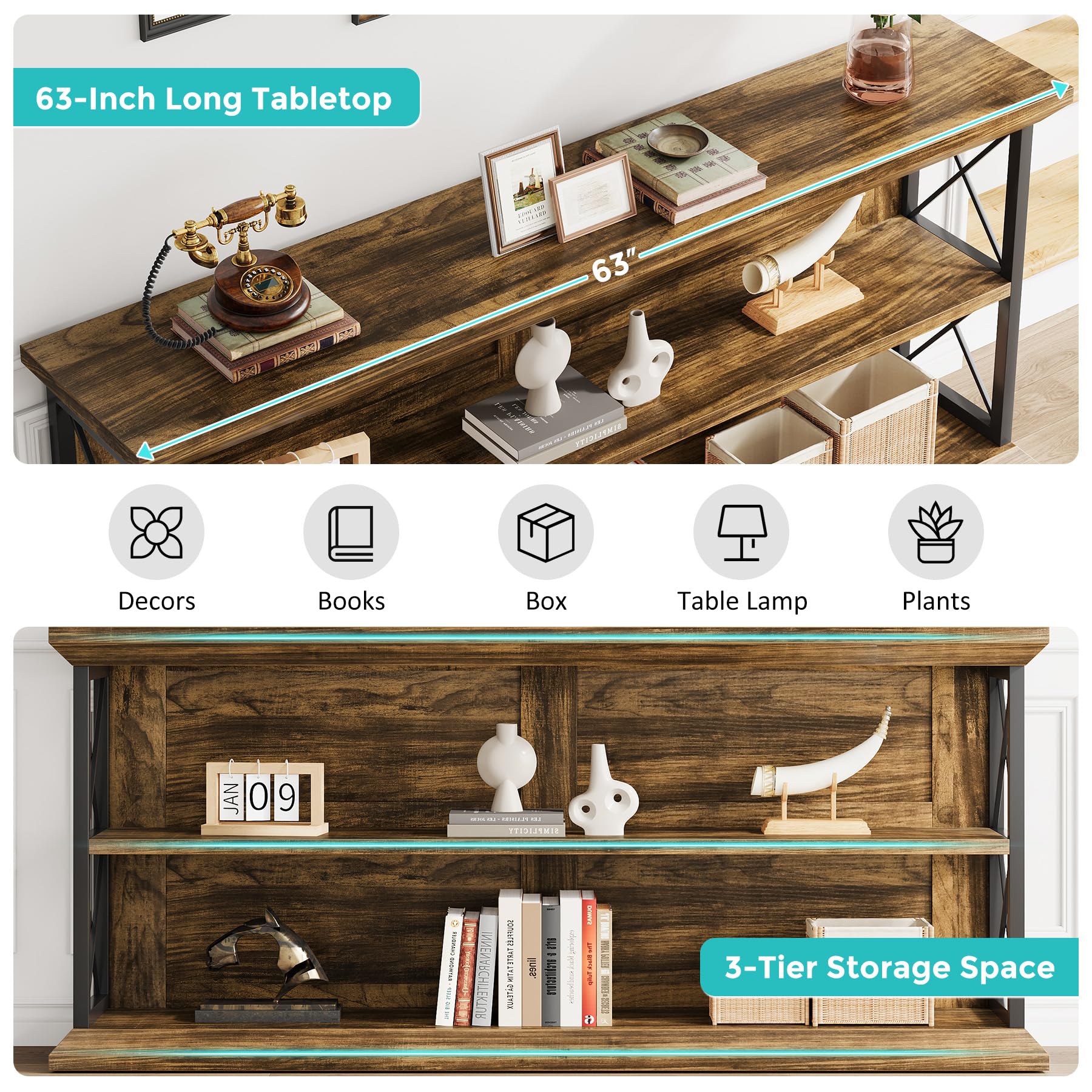 63-Inch 3-Tier Console Table with Storage - Brown Wood Entryway Sofa Table