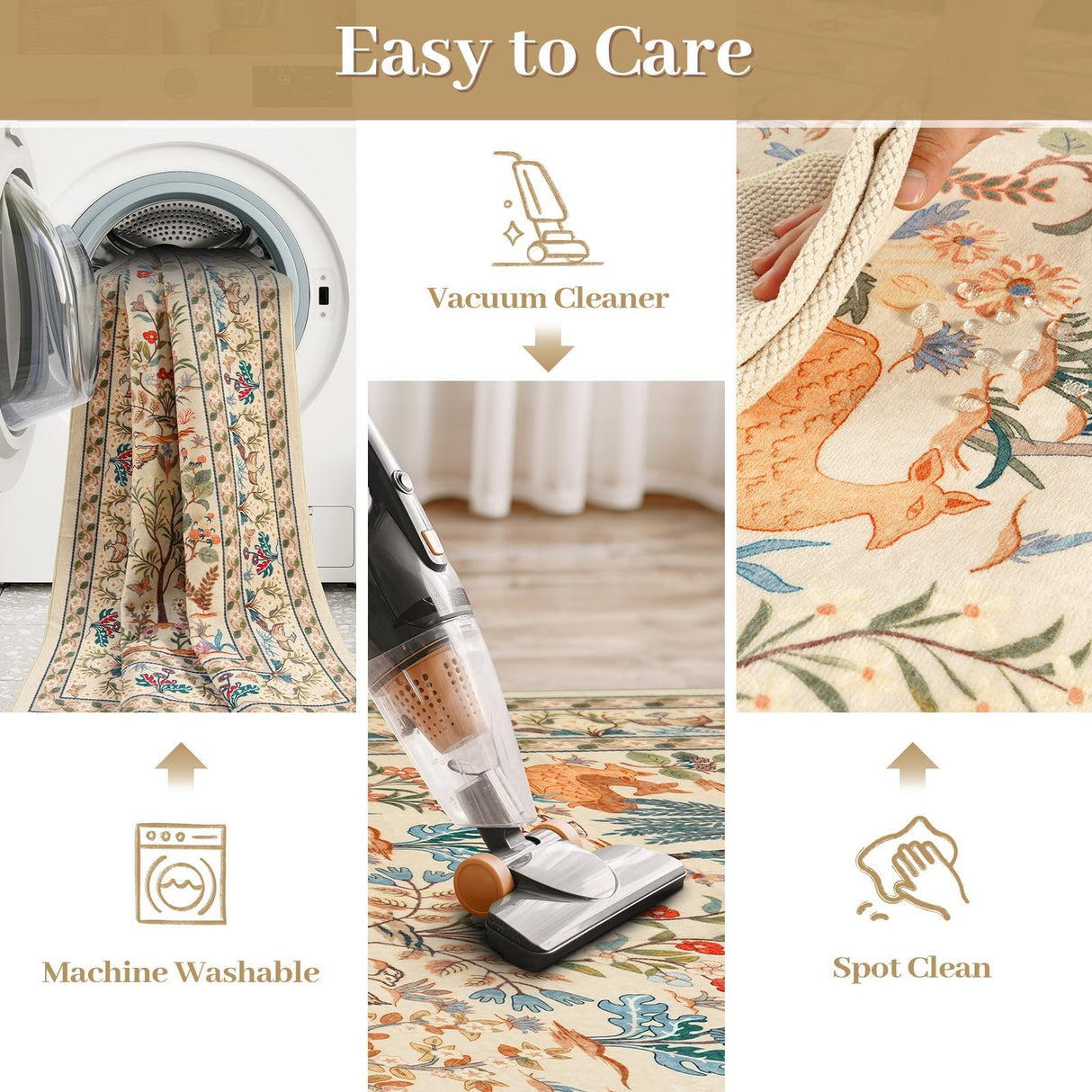 8x10 Washable Area Rug - Beige Botanical Print