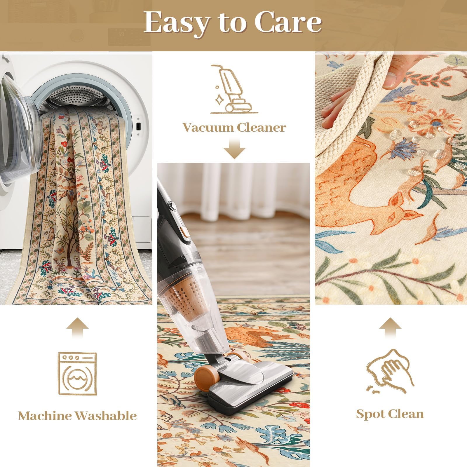 OJIA 8x10 Area Rugs for Living Room Bedroom Large Washable Rugs, Thin Boho Beige Nursery Rug Non-Shedding Kids Playroom Rug Floral Stain Resistant Large Carpet Accent Rugs for Dining Farmhouse