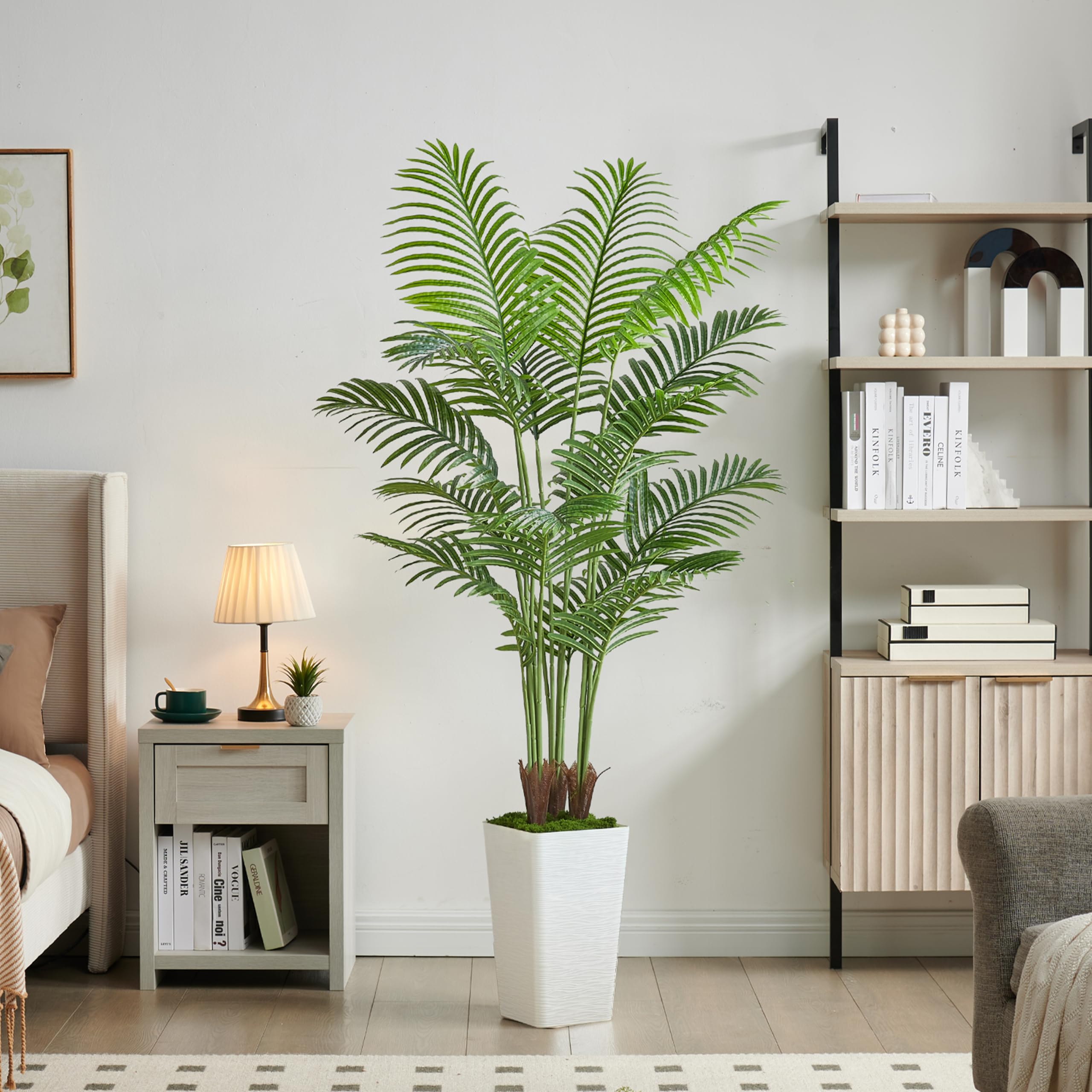 Artificial Palm Tree Artificial Silk Plant Fake Tree with White Tall Planter Faux Tropical Areca Floor Plant in Pot (1, White Tall Planter, 5 FT)