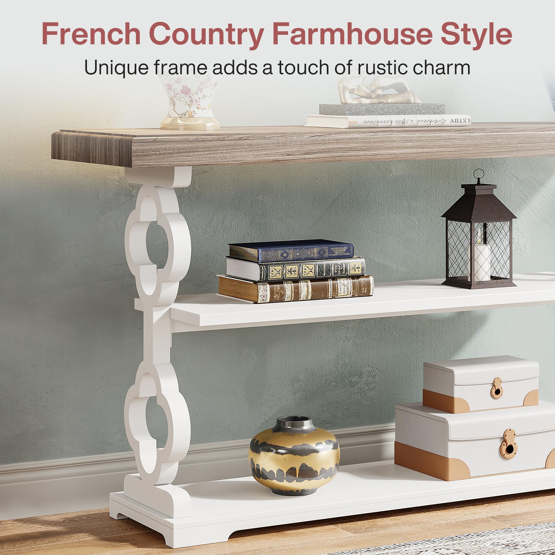 Farmhouse Console Table, 55 inch Long Sofa Table with Storage Shelves, 3 Tier Wood Accent Entry Table for Hallway,