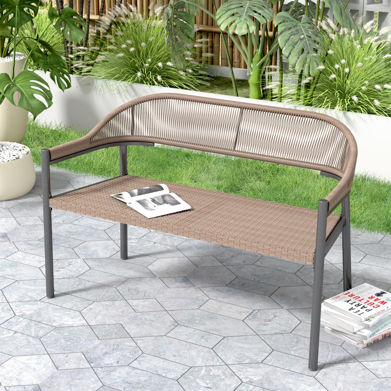 Outdoor Garden Bench,Wicker Frame Patio Bench