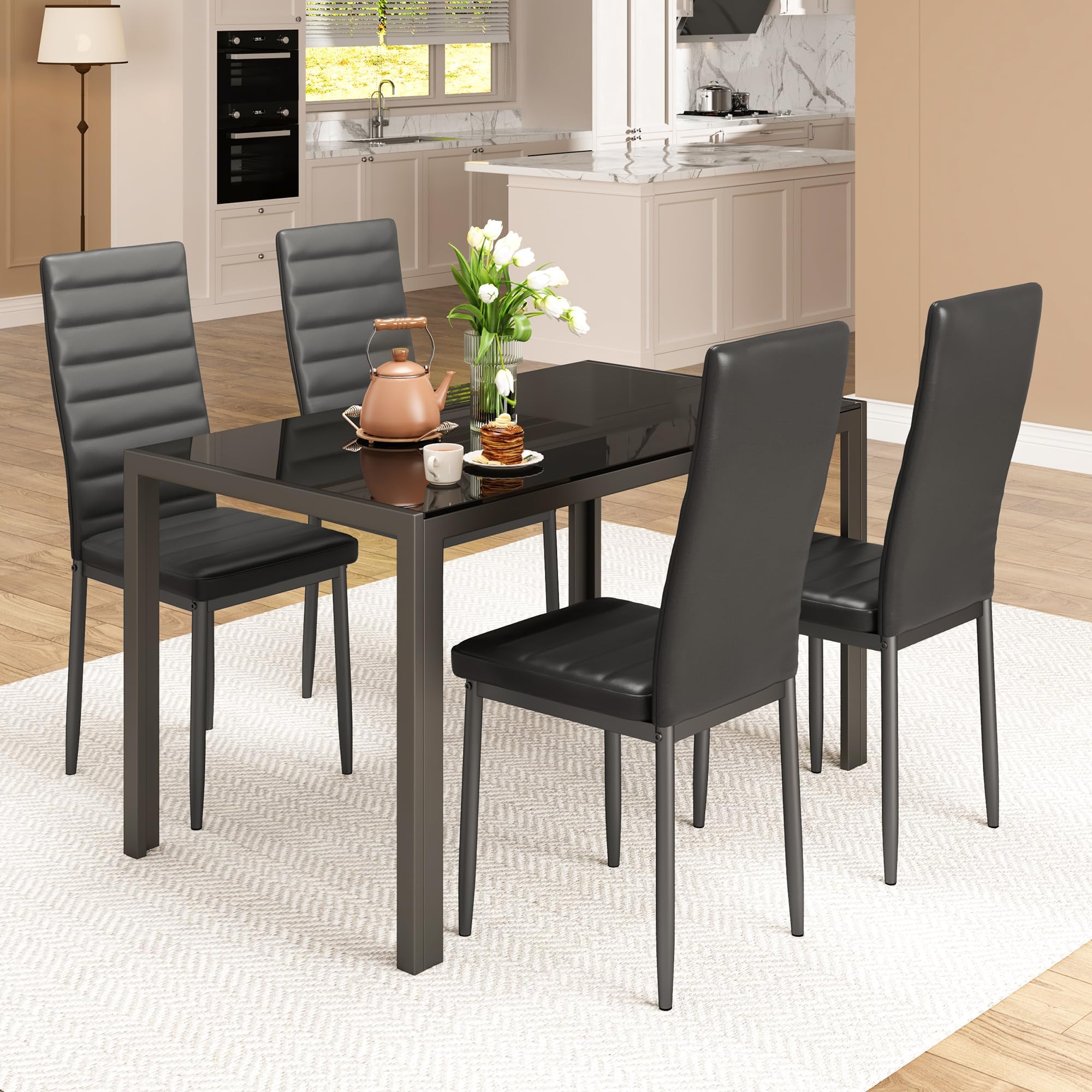 5-Piece Tempered Glass Dining Table Set for 4 - Modern Black Kitchen Table with Chairs