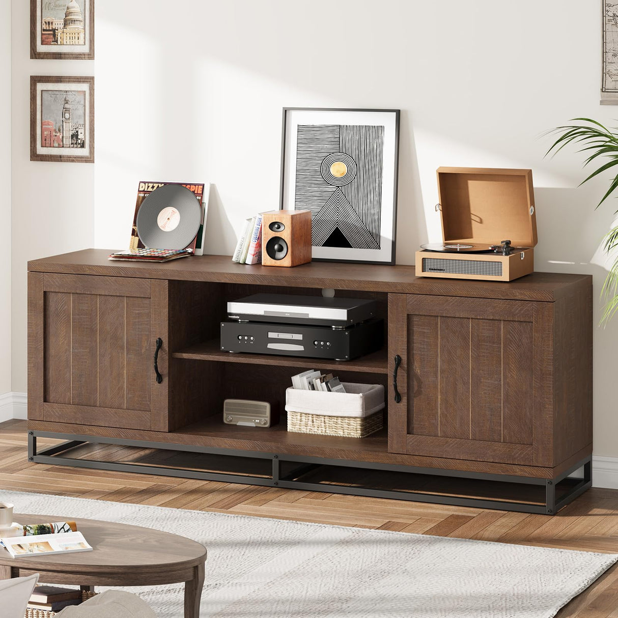 Farmhouse TV Stand for 75-Inch TVs - Walnut Entertainment Center