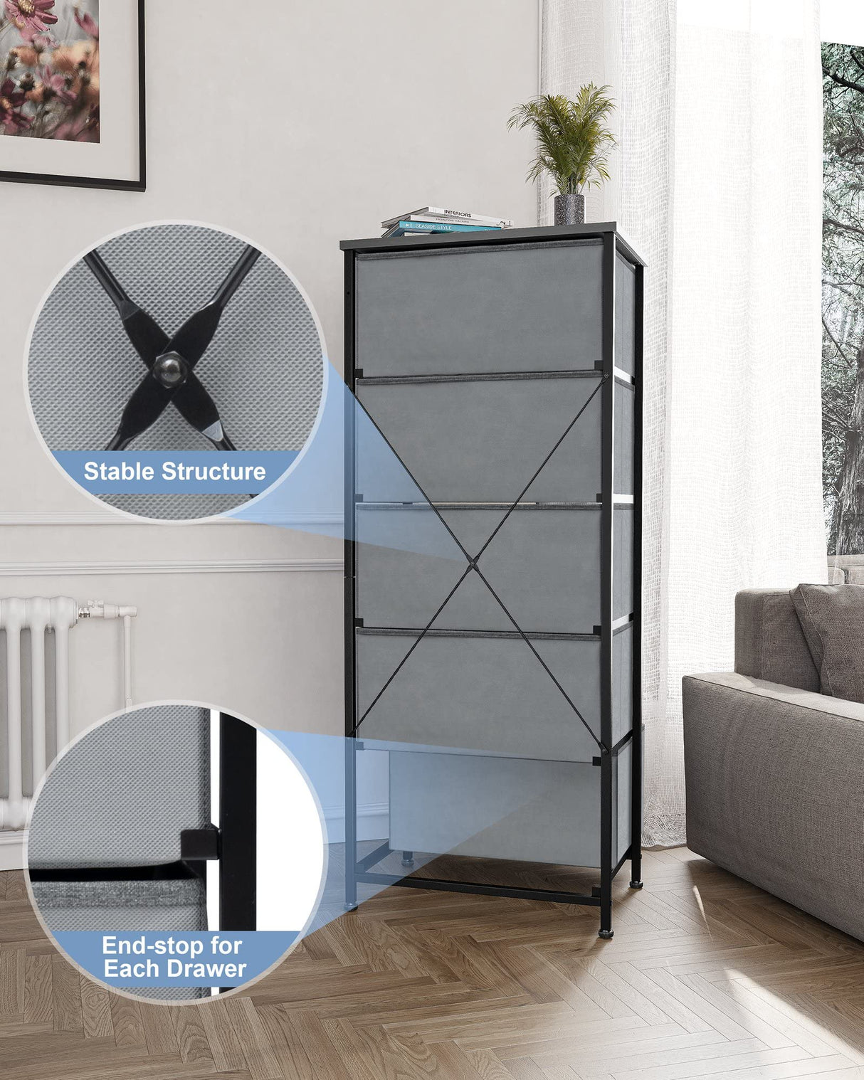 Vertical Dresser Storage Tower - Sturdy Steel Frame, Wood Top, Easy Pull Fabric