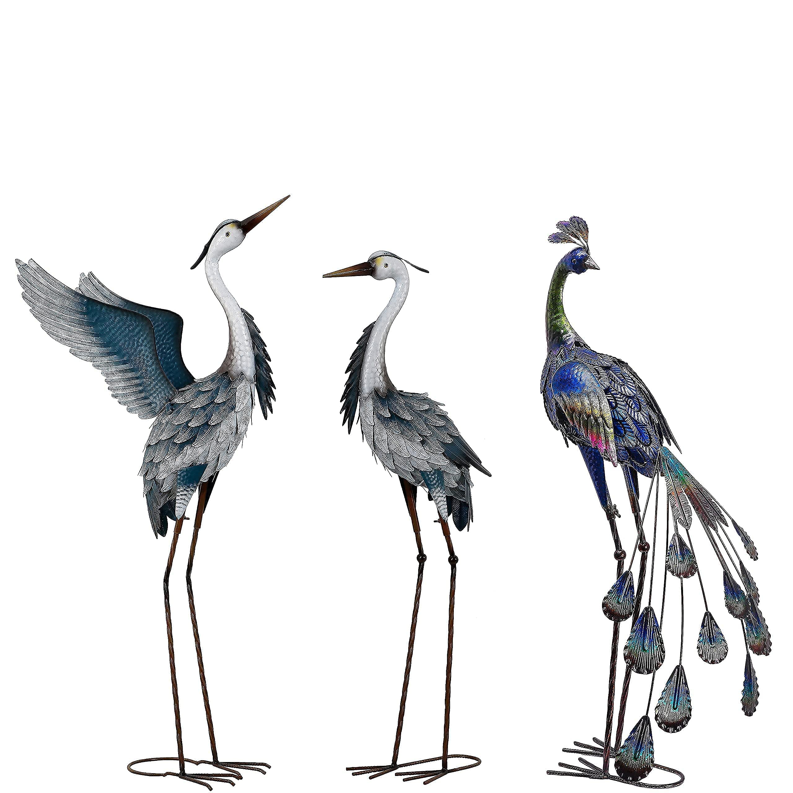40.7 inch Metal Blue Heron Garden Statues +35 inch Peacock Sculpture for Garden Decor