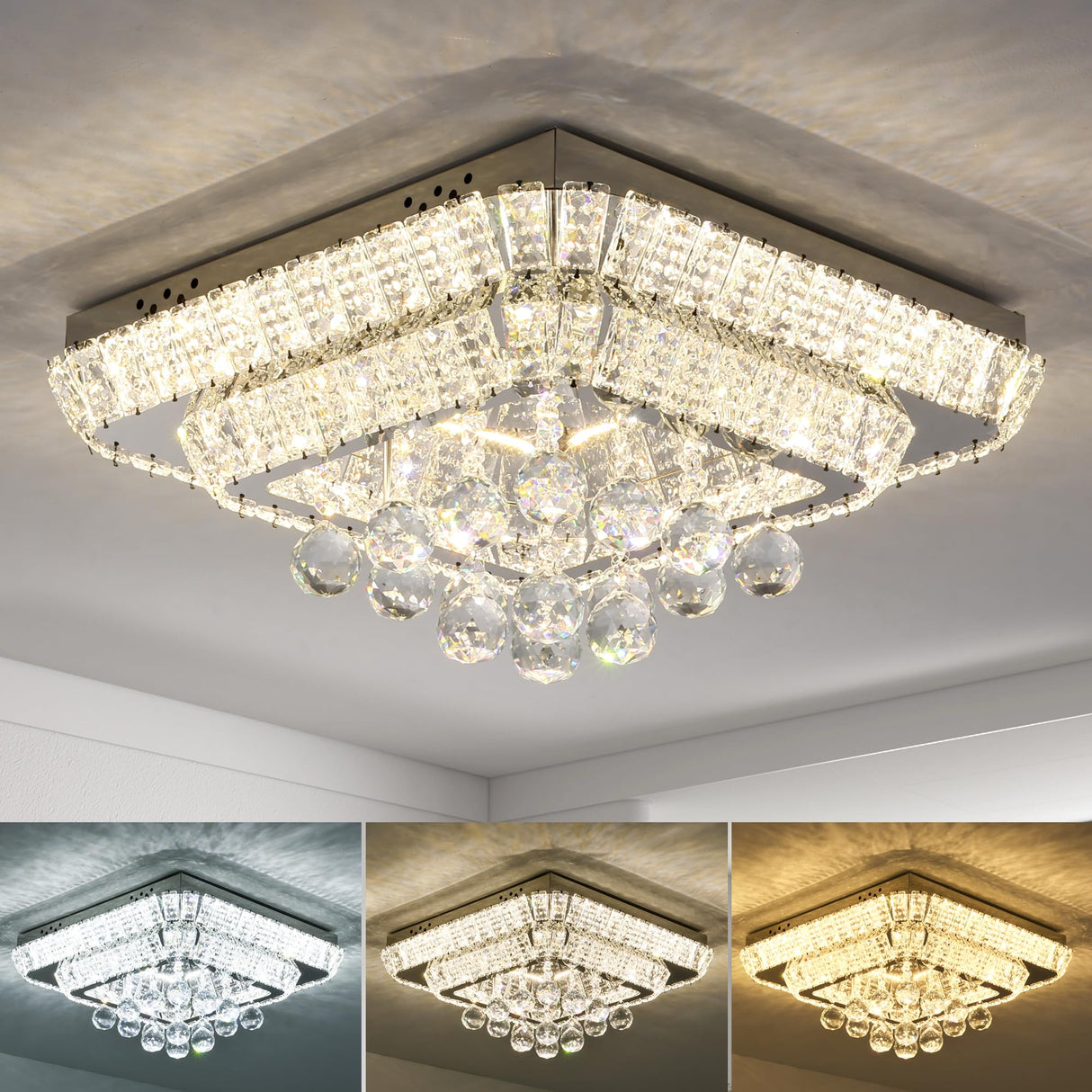 22.8" Crystal Ceiling-Light Flush Mount with Remote Control, 3 Colors Temp & Brightness