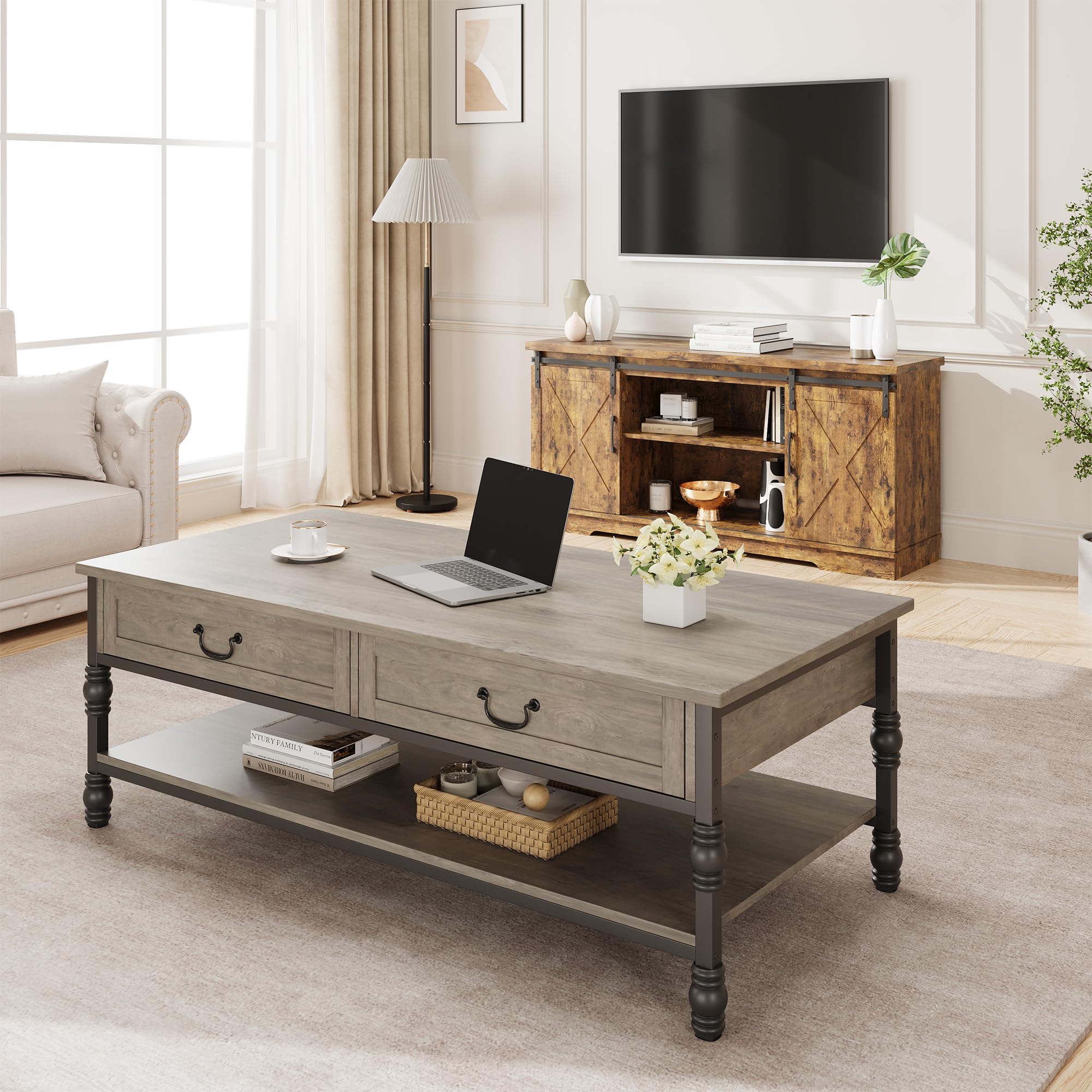 Coffee Table with Drawers 41" Wooden Coffee Table with Storage Rectangular Cocktail