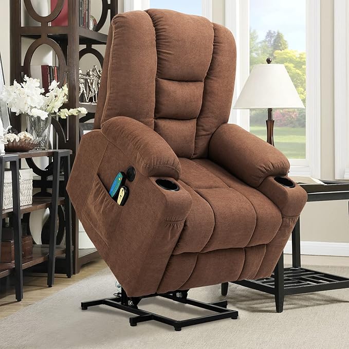 Power Lift Recliner Chair for Elderly, Electric Massage Heated Recliner Chair, Faux Leather Lift Chair with 2 Remote Controls, USB Ports, Cup Holders & Side Pockets for Living Room (Black)