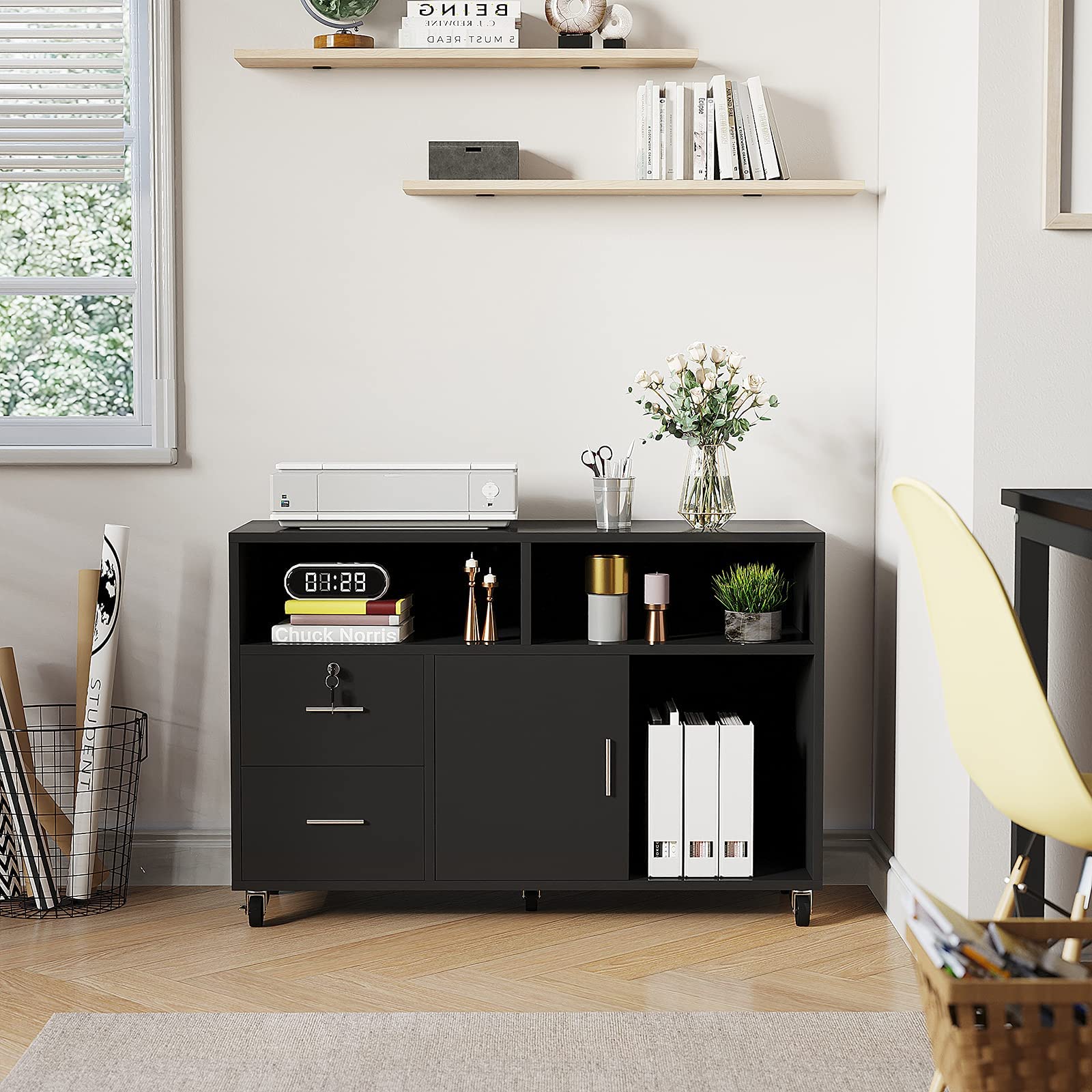 Wood File Cabinet, 2 Drawer Mobile Lateral Storage Cabinet Printer Stand