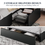 Queen Size Platform Bed Frame with 3 Storage Drawers, Faux Leather Upholstered