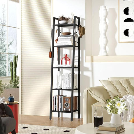 4 Tiers Ladder Bookcase, Industrial Narrow Bookshelf, Open Display Rack with 4 S Hooks, Metal Storage Shelves for Bedroom, Home Office, Living Room, Rustic Brown, 49.2H*13.4L*11.8W, UHBC024H