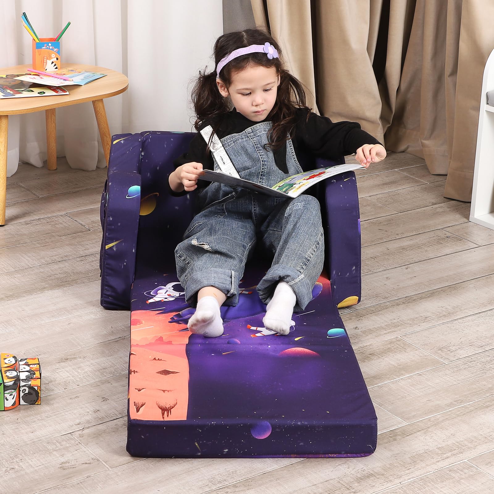 Astronaut Kids Sofa, 2-in-1 Kids Couch Fold Out, Convertible Sofa to Bed for Girls and Boys