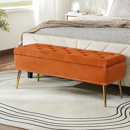 Modern Velvet Storage Ottoman Bench with Gold Base & Nailhead Trim, Upholg Room Dining Room