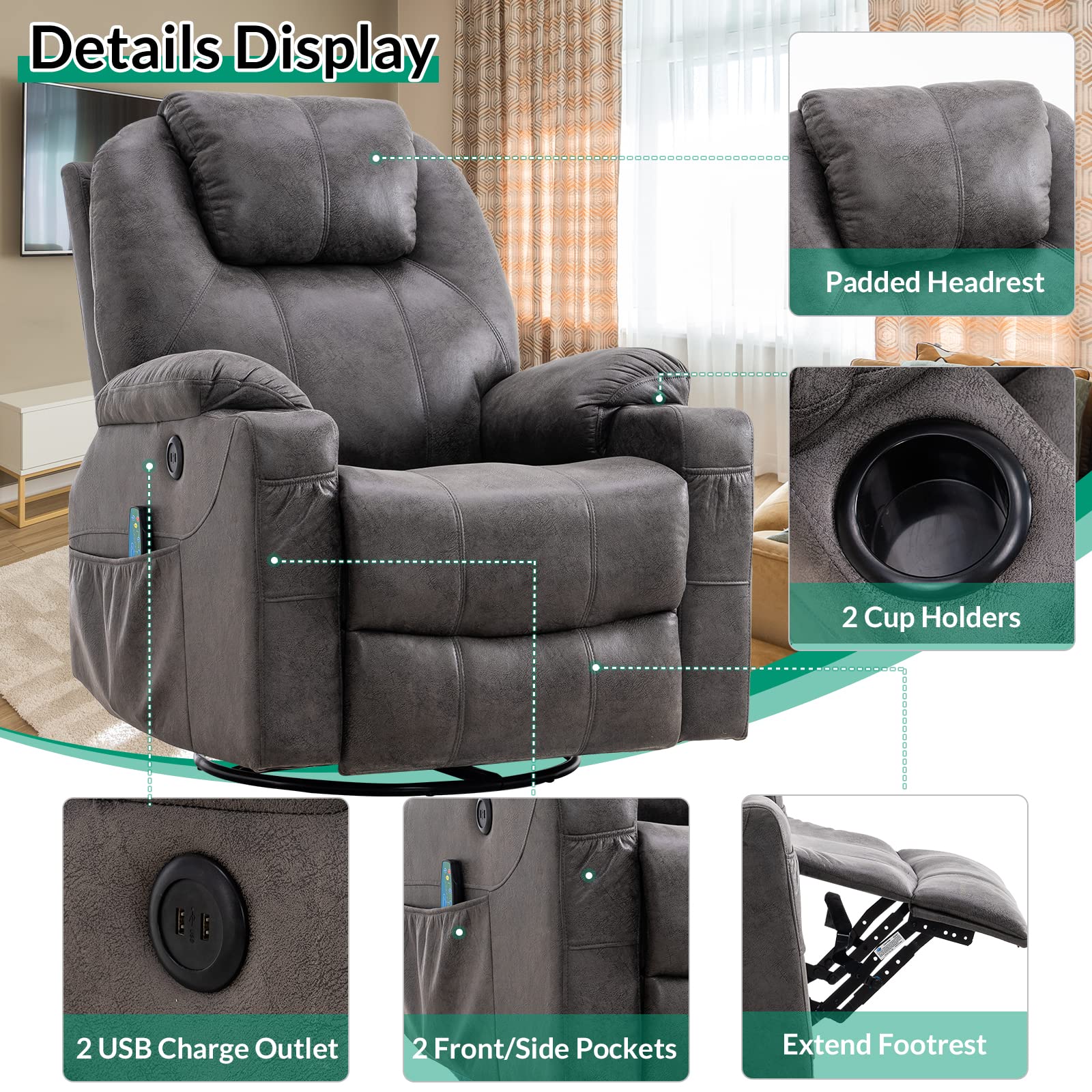 ZenLuxe Swivel Glider Recliner – Massage, Heat, USB, Cup Holders
