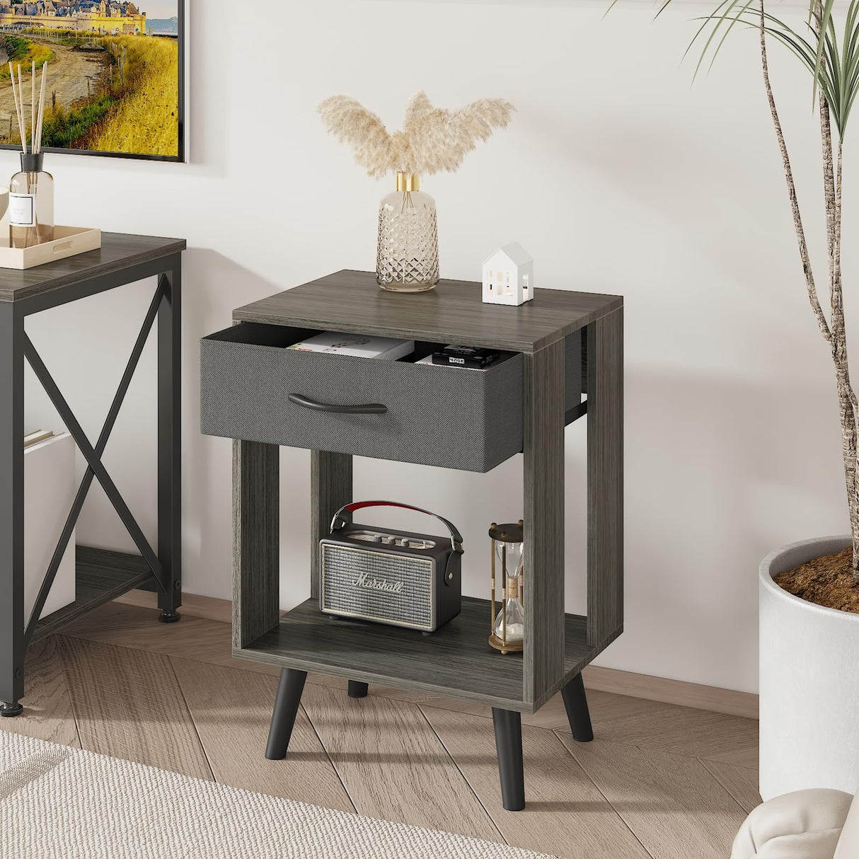 Nightstands Set of 2 with Black Fabric Storage Drawer and Open Wood Shelf,