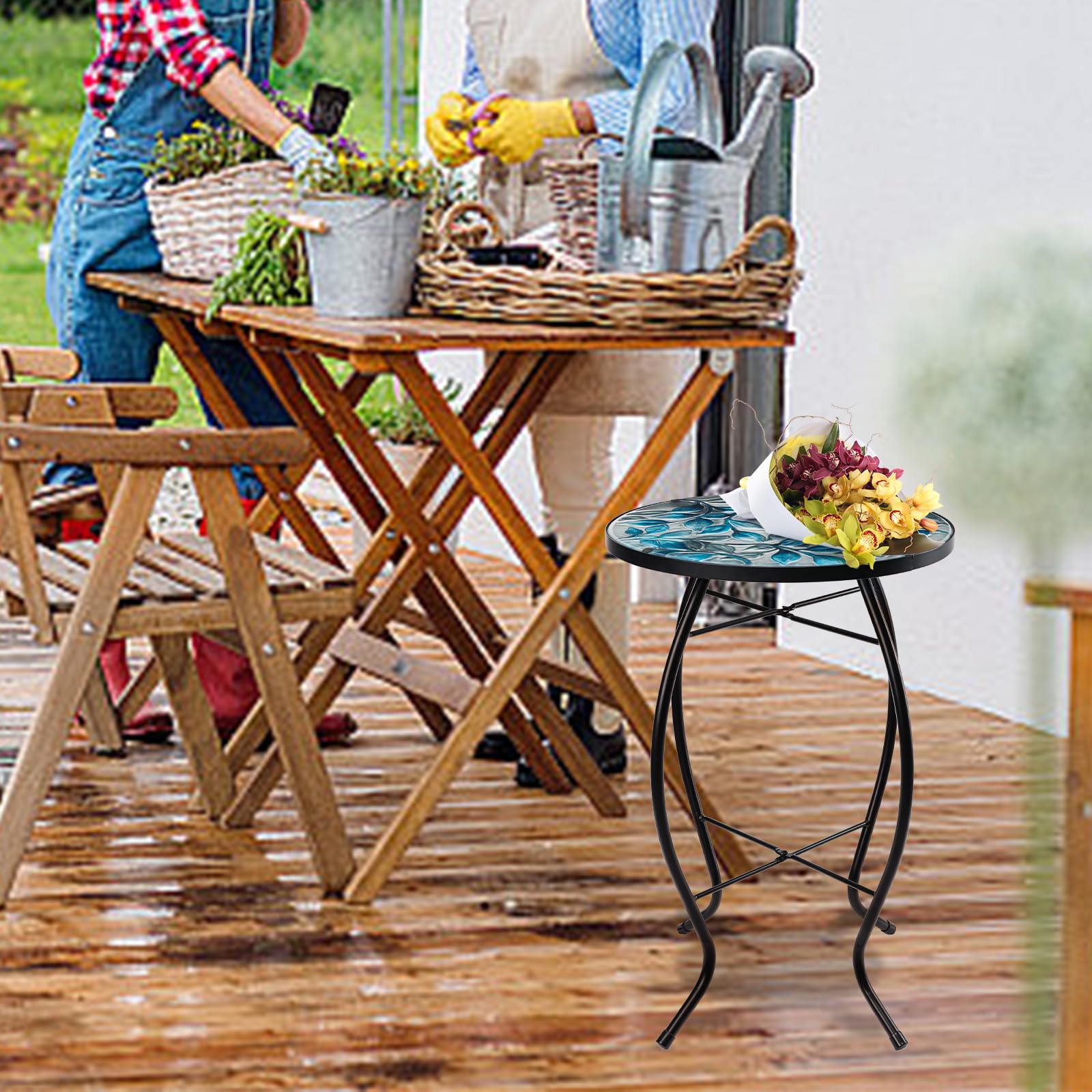 MUMTOP Side Patio Tables - Mosaic Outdoor Side Table - 14’’ Blue and Transparency Leaf Glass Accent Round EndTable, Plant Stand Indoor Small CoffeeTable for Garden or Living Room Decor - Bircata