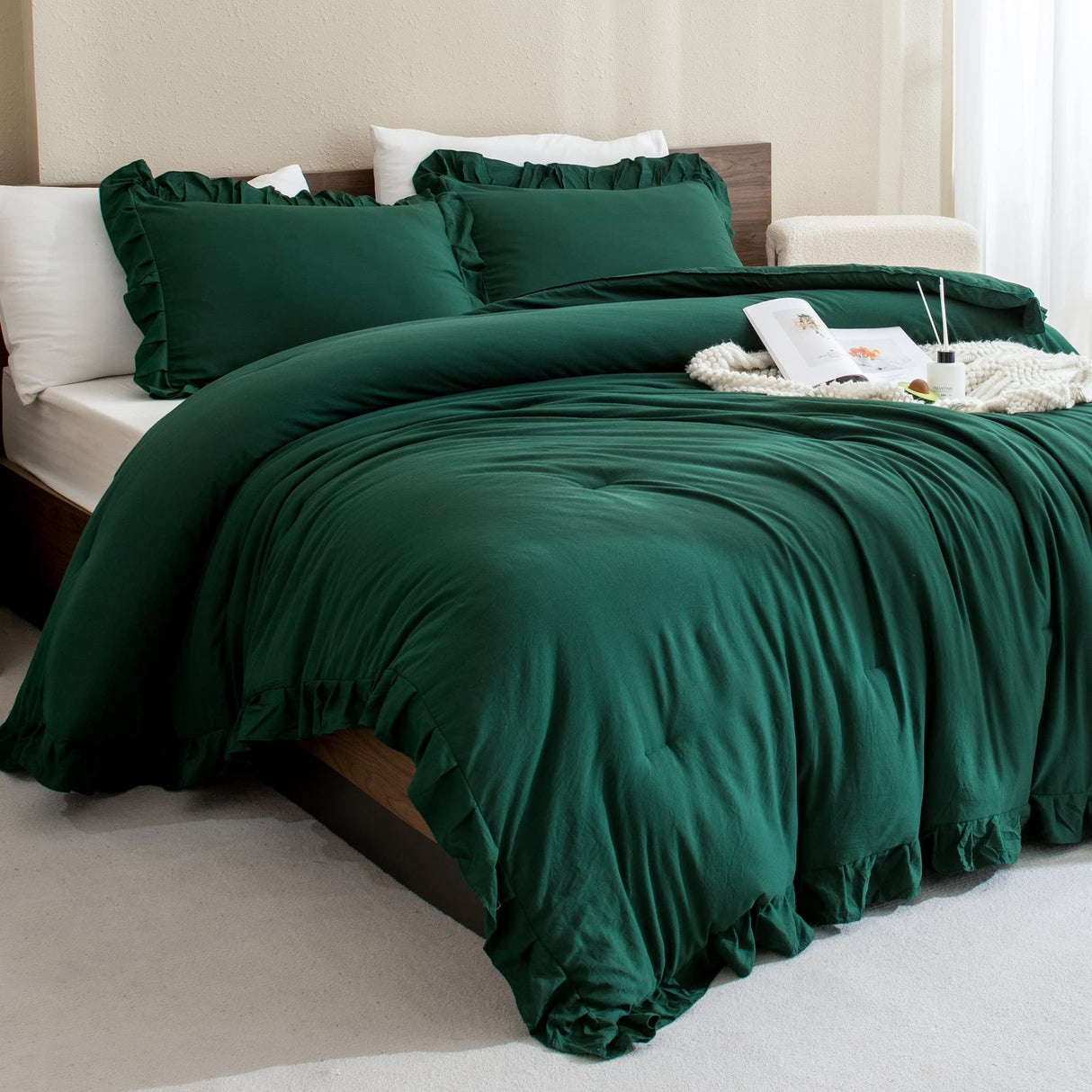 Dark Emerald Green Comforter Set Queen, 3 Pieces Solid Ruffle Farmhouse Bedding Set