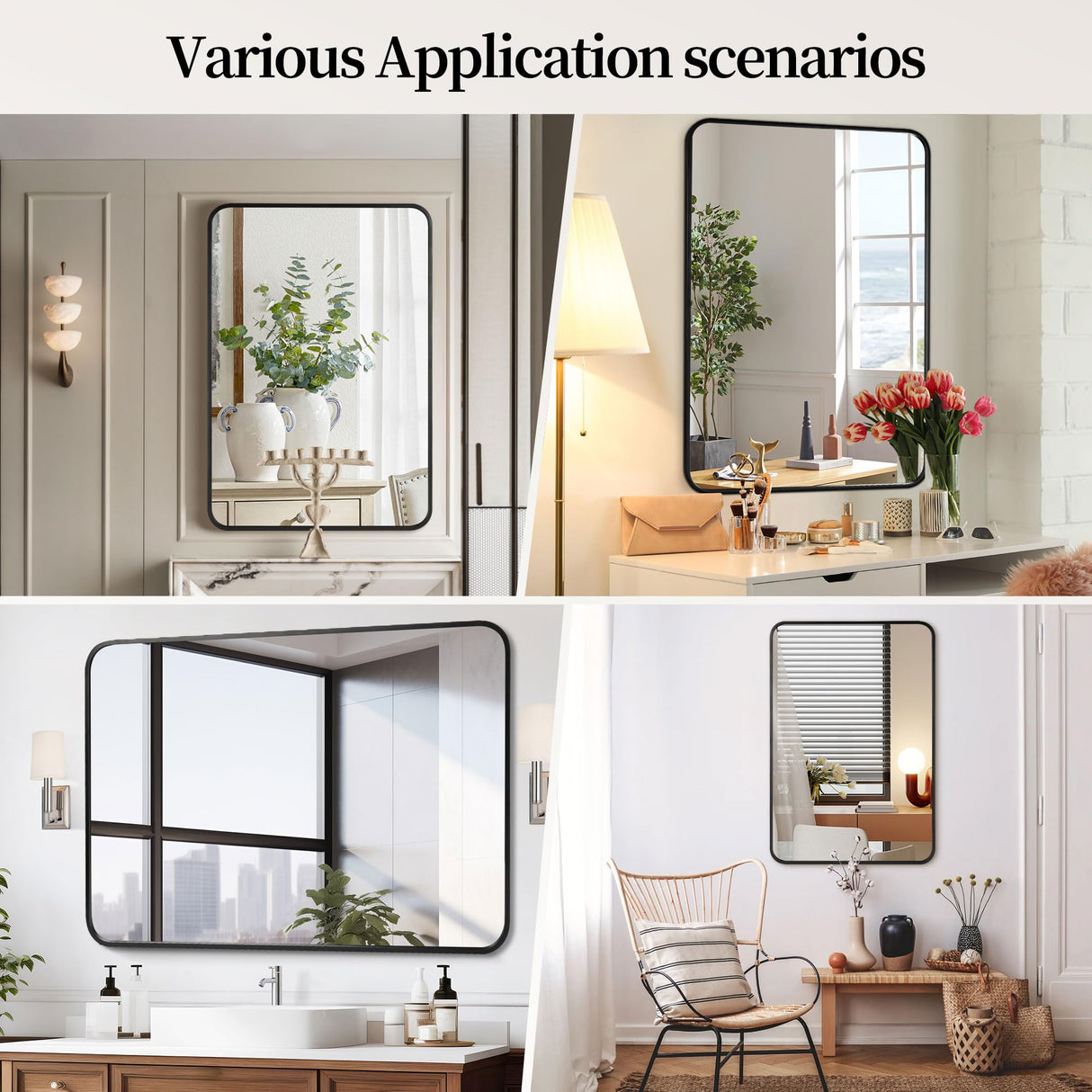 Black Metal Framed Bathroom Mirror 24x36 - Set of 2 Rounded Rectangle Vanity Mirrors