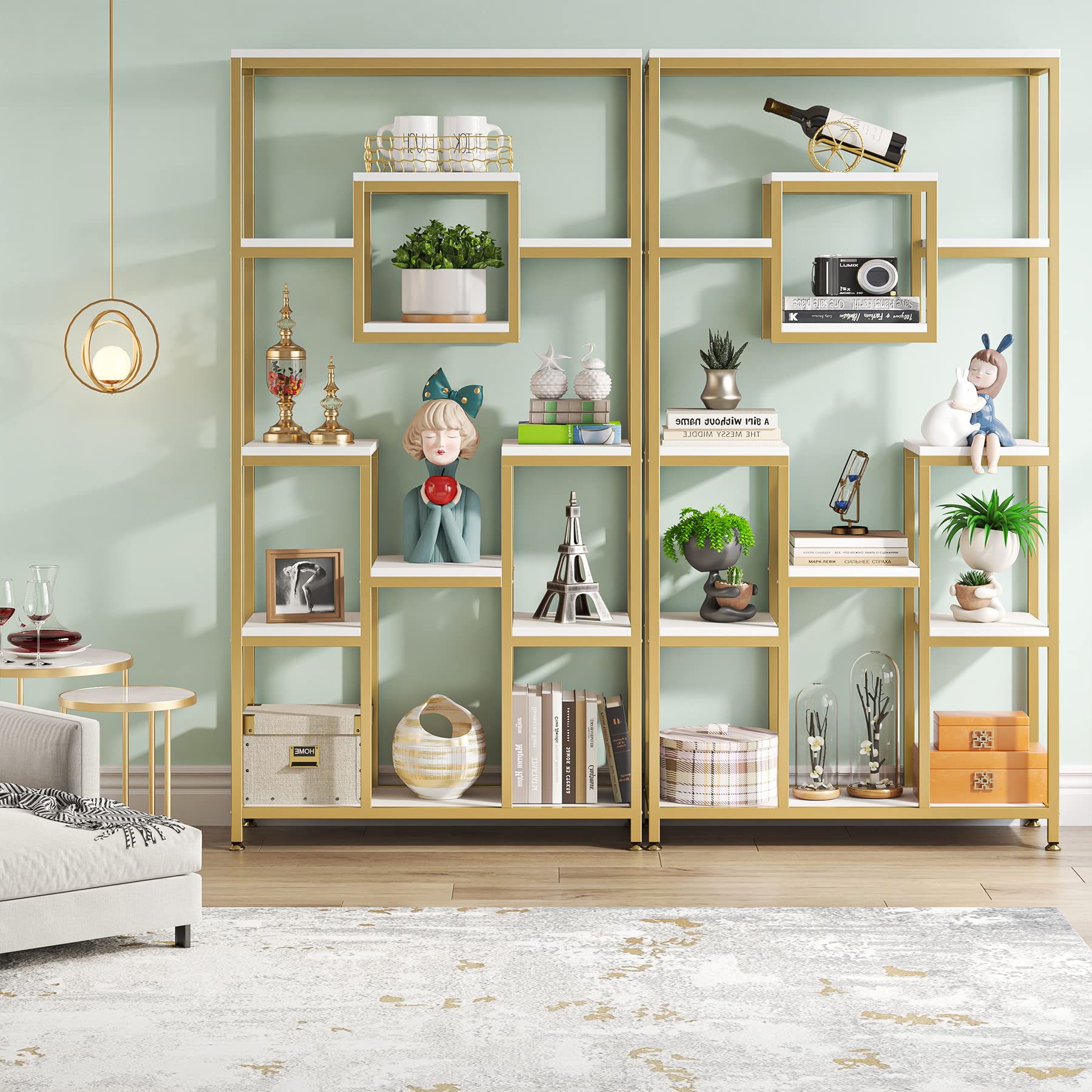 71" Gold Etagere Bookshelf, Modern 11-Tier Tall Open Display Bookcase Bookshelves, Free