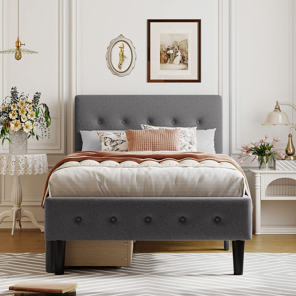 Twin Size Wooden Upholstered Platform Bed Frames with 2 Storage Drawers