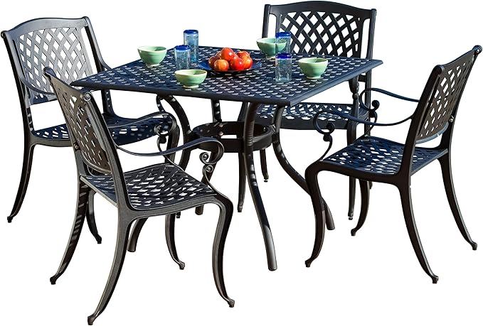 Hallandale Cast Aluminum Outdoor Dining Set, 5-Pcs Set, Black Sand