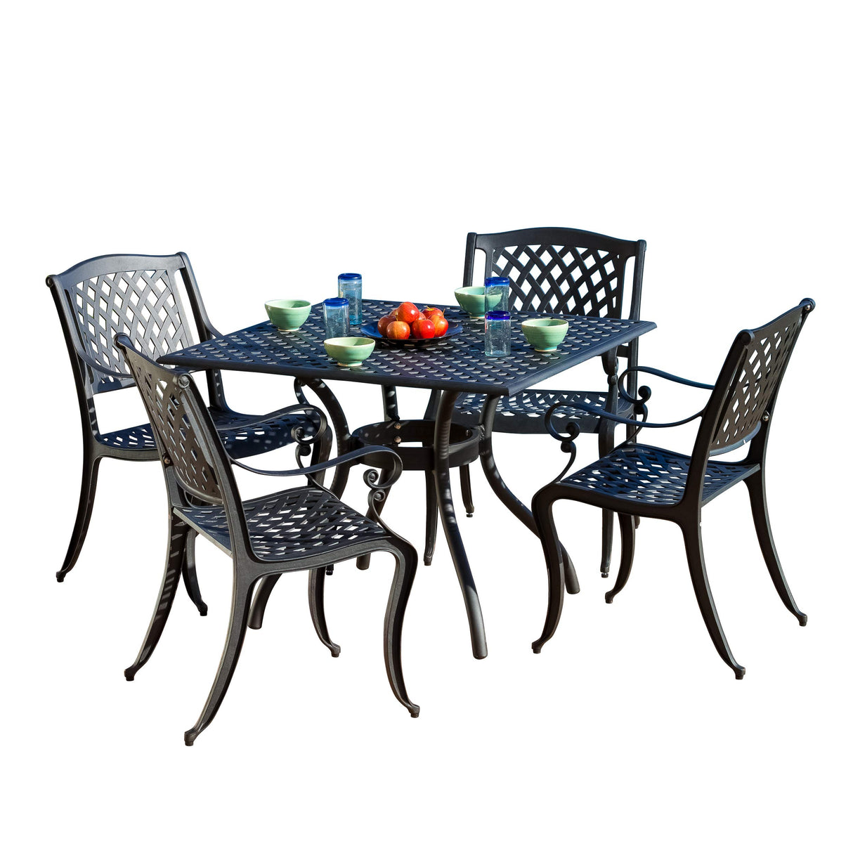 Hallandale Cast Aluminum Outdoor Dining Set, 5-Pcs Set, Black Sand