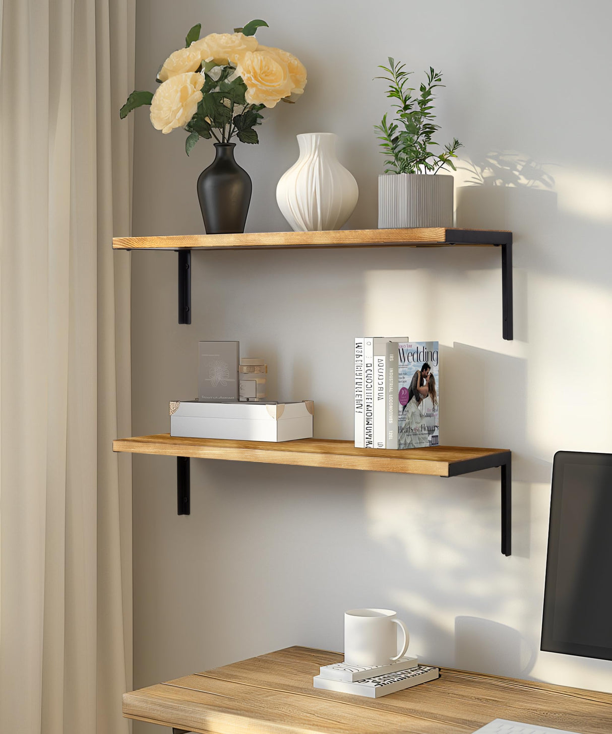 Wood Shelves for Wall, 24 Inch Rustic Floating Shelf with L Brackets for Bedroom Living