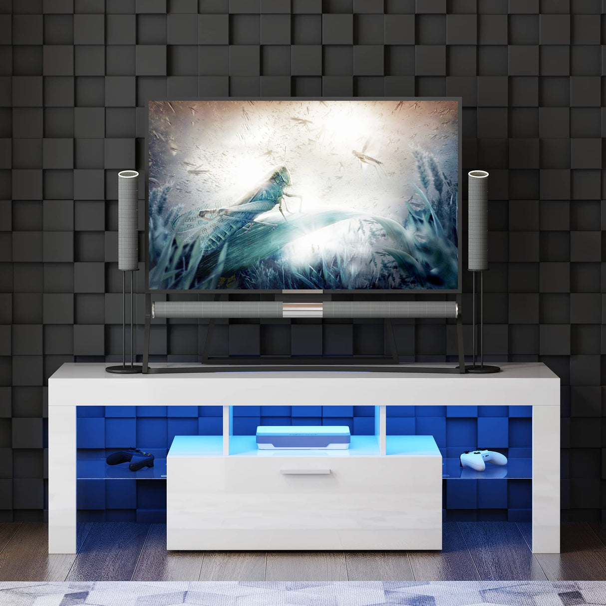 LED White TV Stand for 55 Inch TV, Modern Gaming Entertainment Center, Small Television