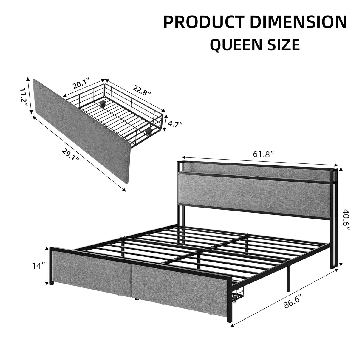 Queen Size Bed Frame with 2 Storage Drawers, Lined Fabric Upholstered Headboard