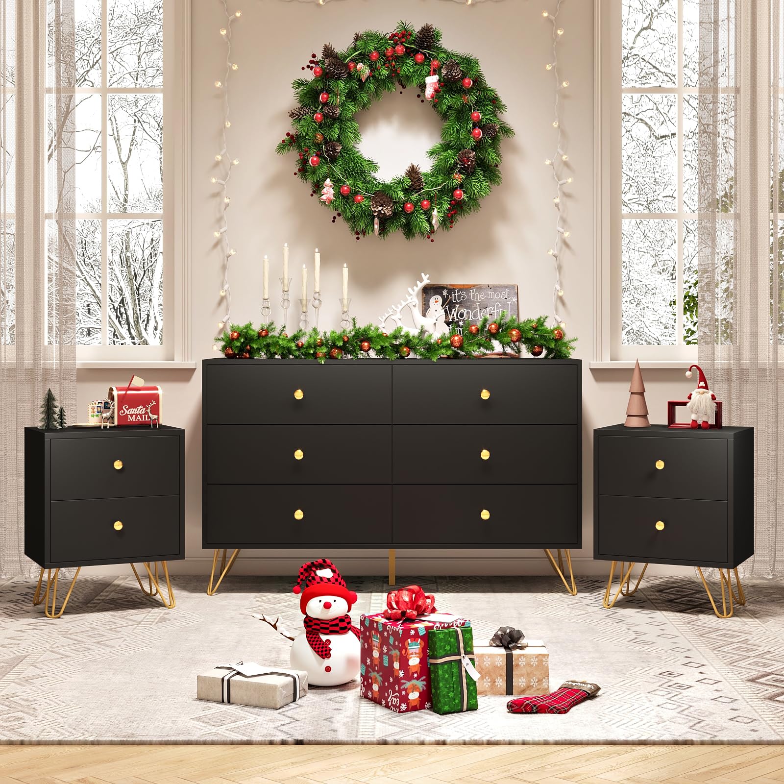 6 Drawer Dresser and Night Stand Sets for Bedroom, Two Drawers Nightstand
