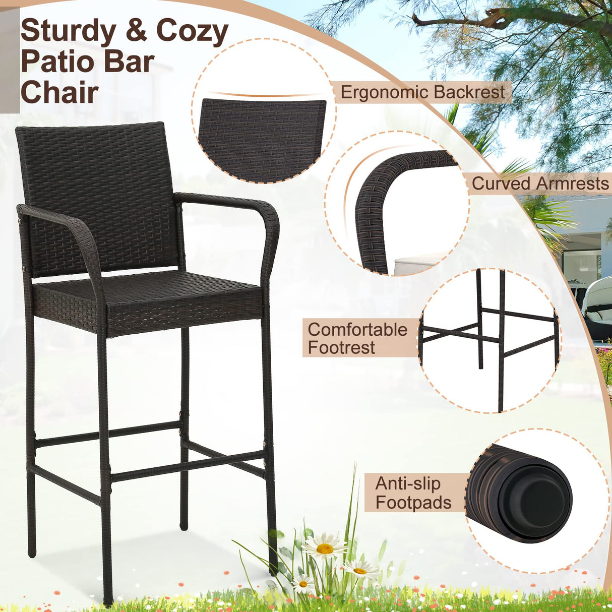 Patio Wicker Barstools Set of 2, Outdoor PE Rattan Bar Chairs with Armrests & Soft Cushiontables