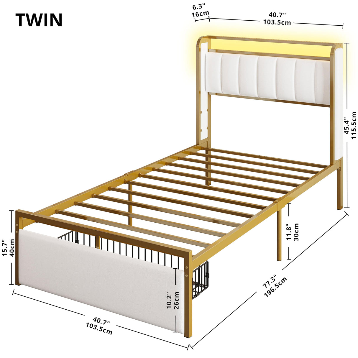 Twin Size Bed Frame with Armrests Headboard & RGB Light, Upholstered Twin Size