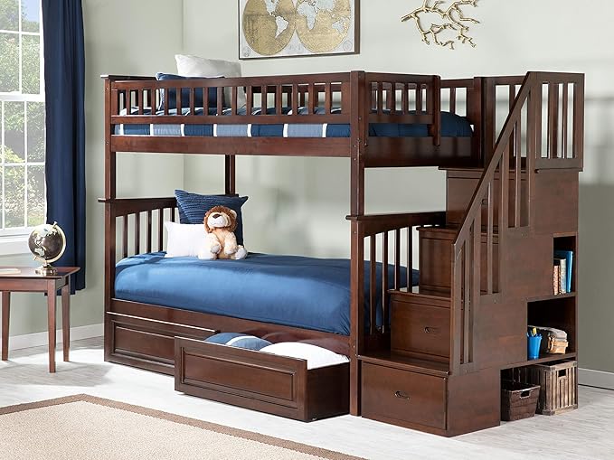 Columbia Full Over Full Size Staircase Bunk Bed with Raised Panel Bed Drawers in Walnut