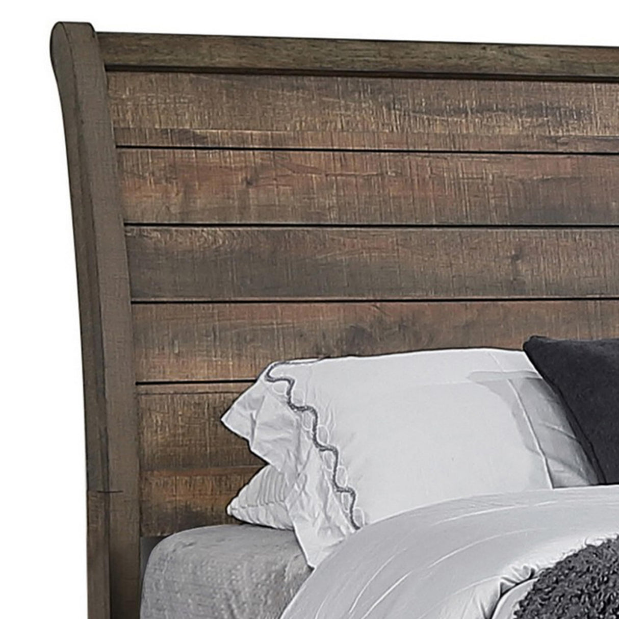 BM302809 Que Wood Queen Size Bed with Curved Plank Sleigh Design Rustic Brown