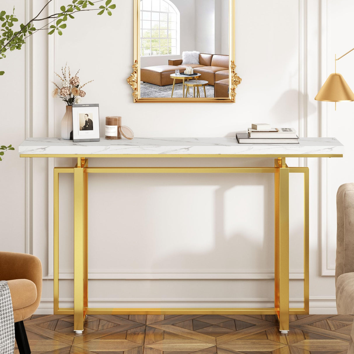 55’’ Gold Console Table, Marble Pattern Top Entry Table, Sofa Table with Gold Metal Leg