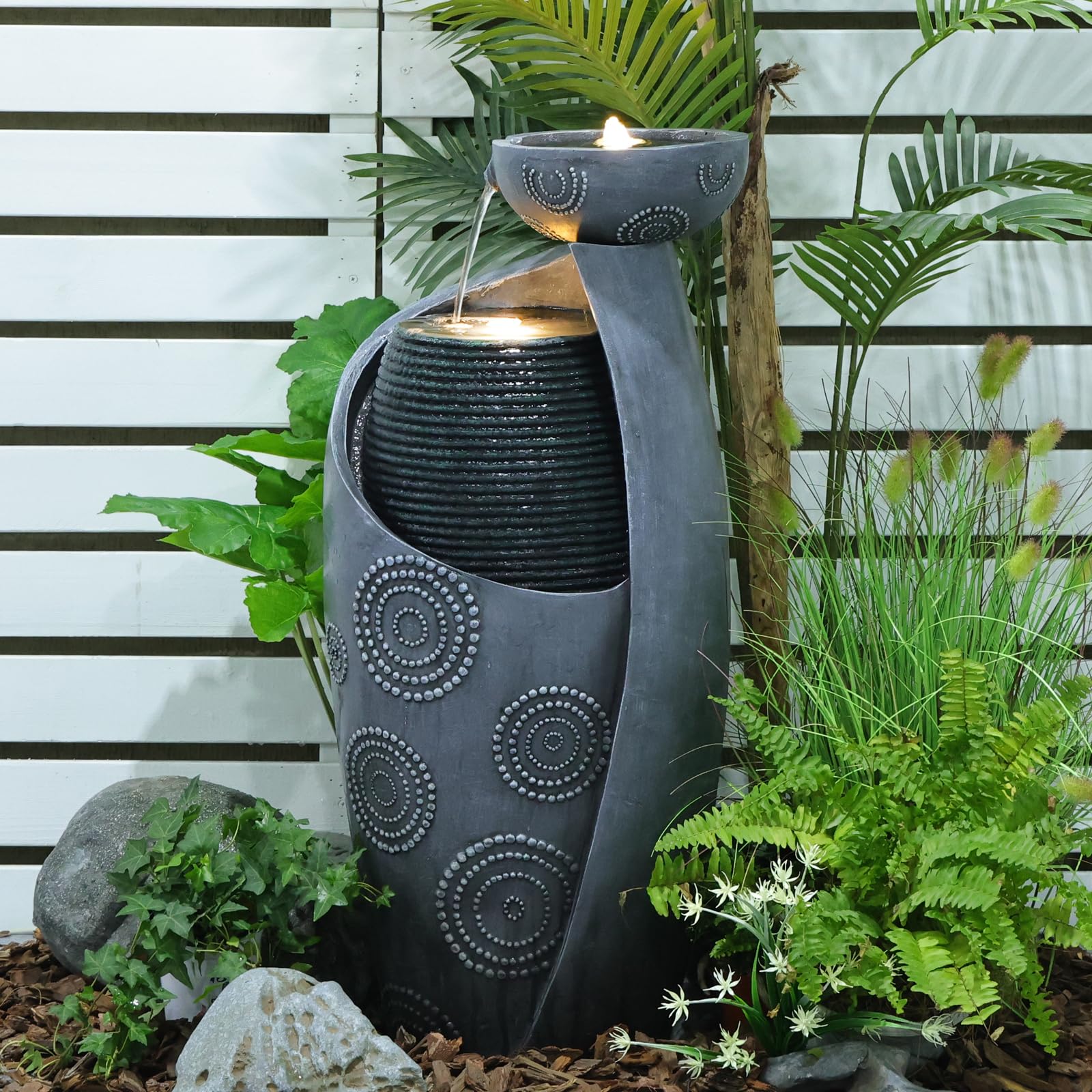 Vase Outdoor Water Fountain, 31.4''H Jar Waterfall Fountain with Warm LED Lights&Durable