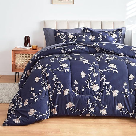 Bed in a Bag 7 Pieces Queen Size - Floral Print - Soft Microfiber, Reversible Bed Comforter Set