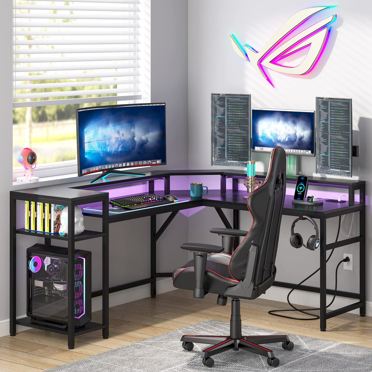 L-Shaped Gaming Desk with Power Outlets & LED Strips, L-Shaped Computer Desk