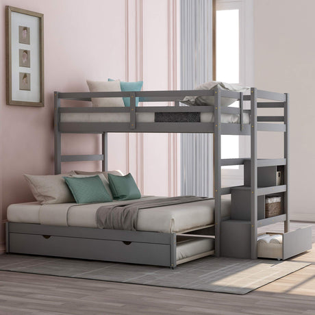 Twin Over Twin to King Extendable Bunk Bed with Stairs and Trundle, Wood Bunkbed